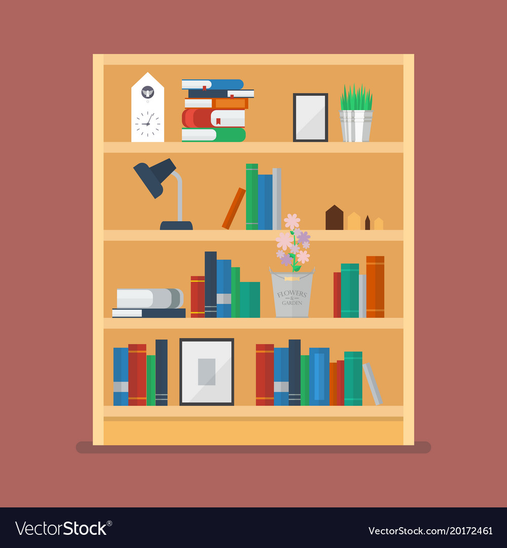 Wooden Shelves With Books And Object Decoration Vector Image