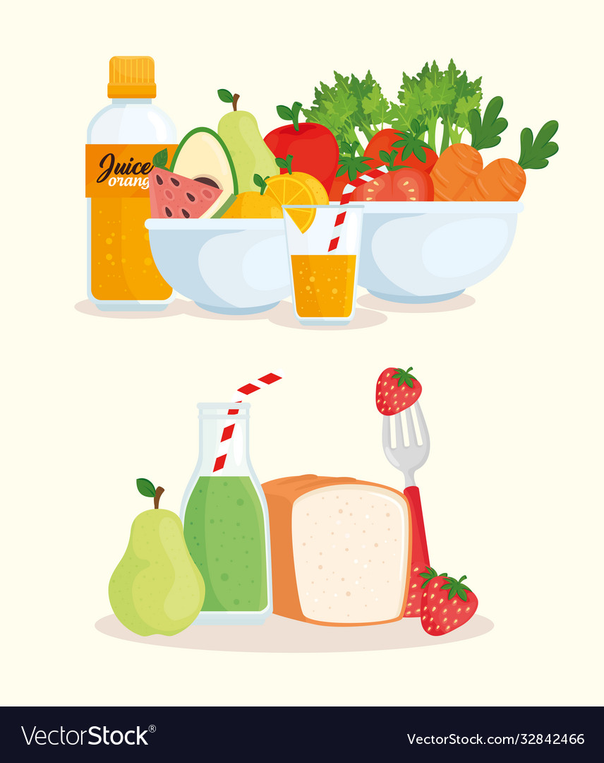 Healthy food vegetables fruits bread and juices Vector Image