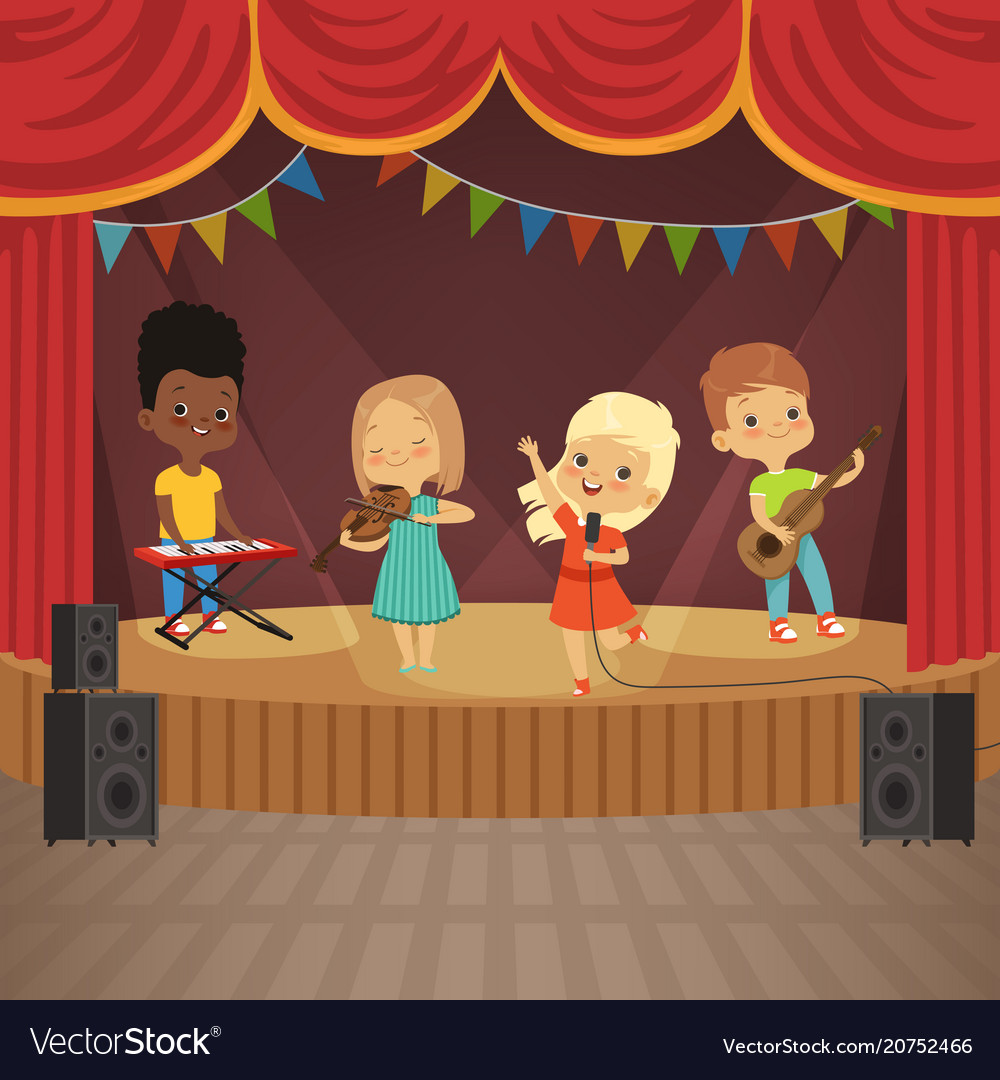 Music kids band on concert scene Royalty Free Vector Image