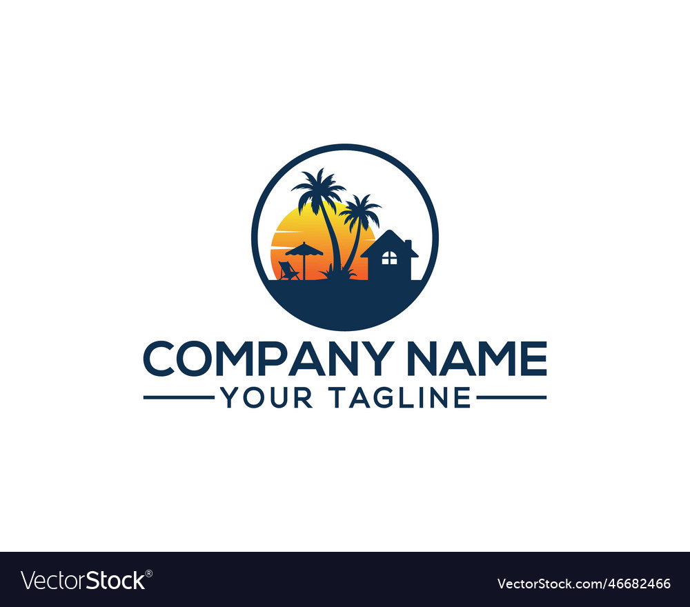 Palm trees sun and home summer vacation logo