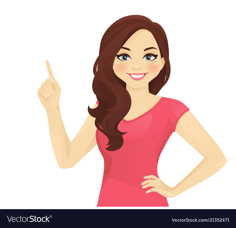 Portrait of excited girl pointing copy space. Isolated white background,  transparent png. Brunette caucasian young woman smiling and showing with  her finger. Advertising concept idea. Stock Illustration