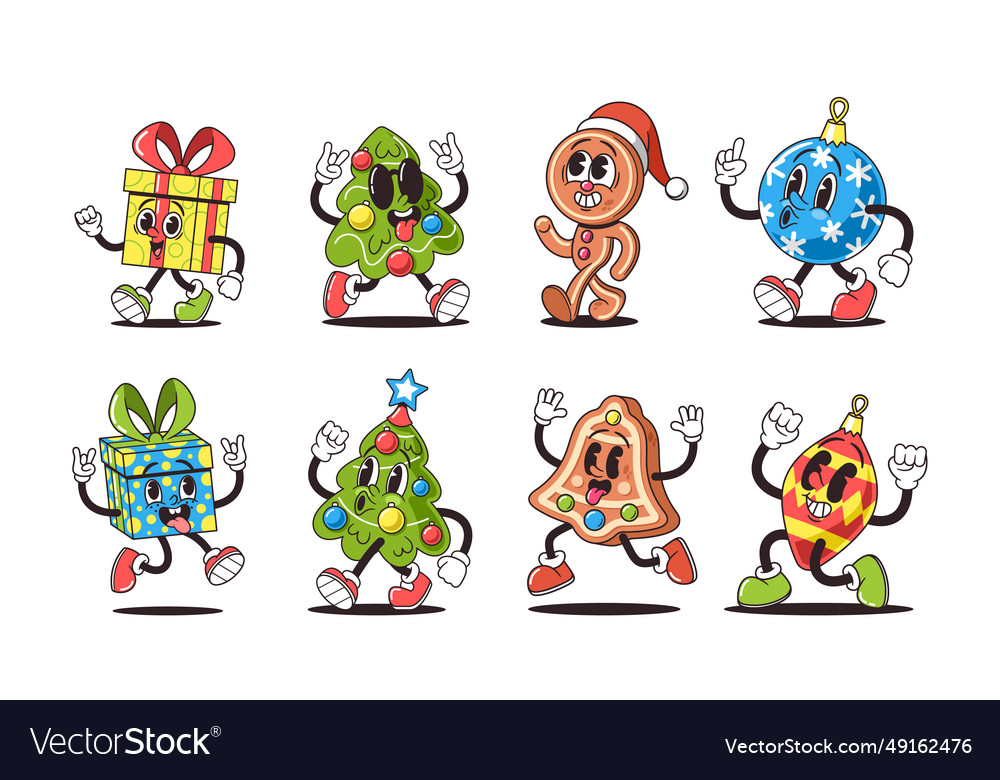 Christmas retro groovy characters set cool xmas