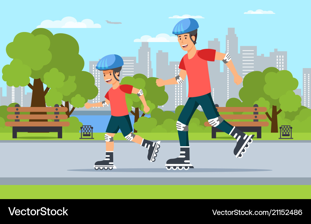 Cartoon dad and son riding rollers in park Vector Image