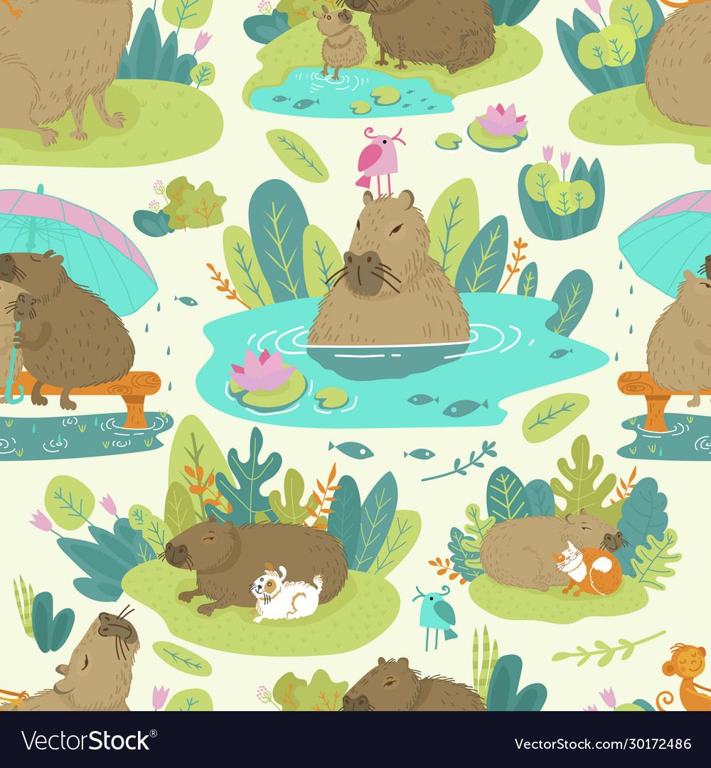 Pattern image capybara on jungle green Royalty Free Vector