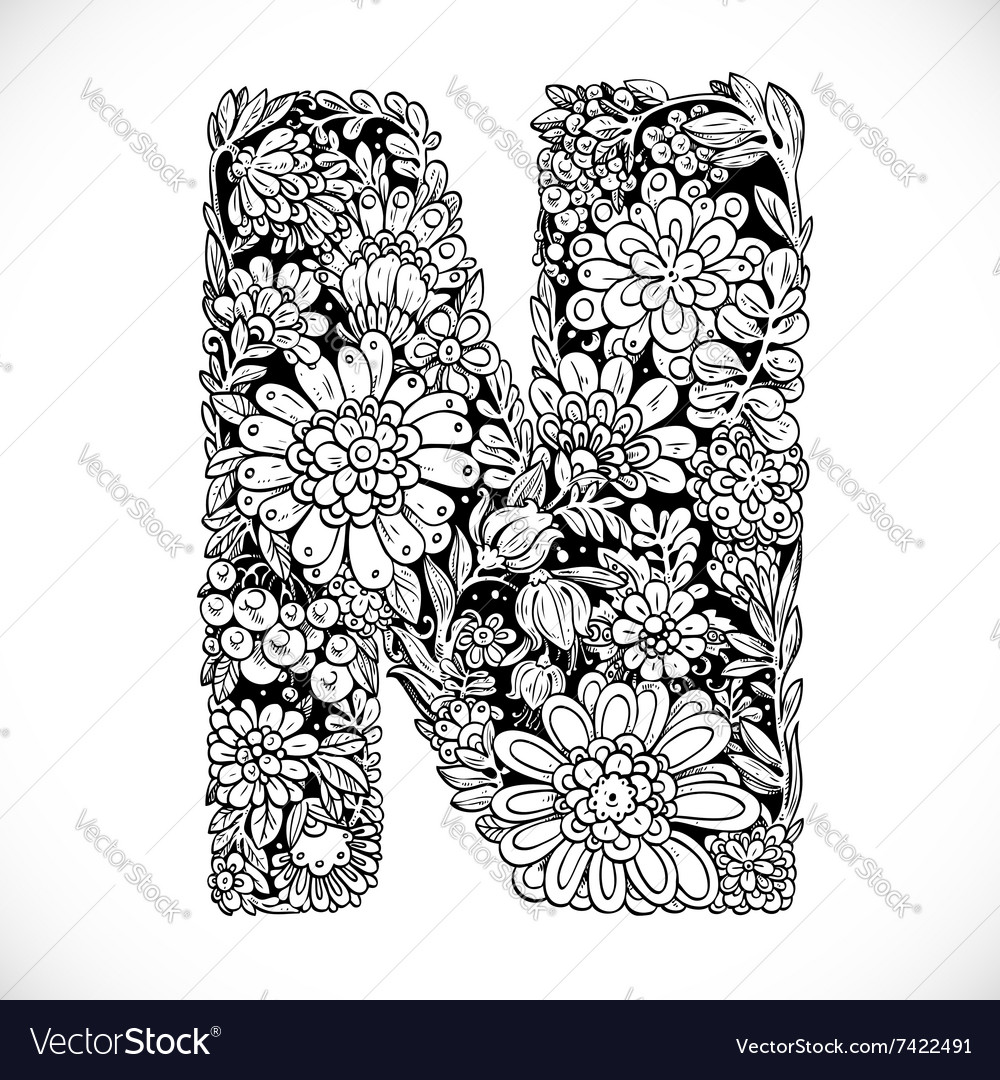 Doodles font from ornamental flowers - letter n