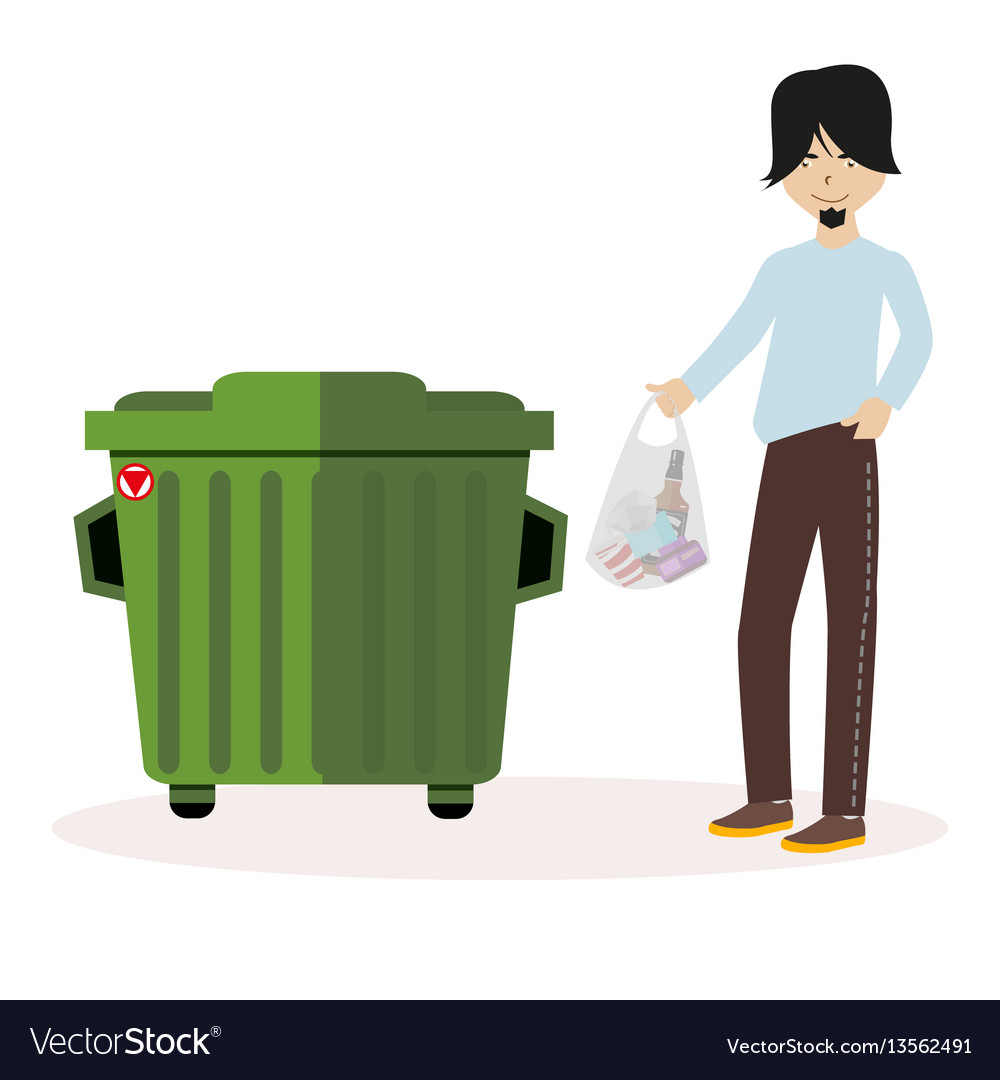 Guy throws the waste package into garbage Vector Image
