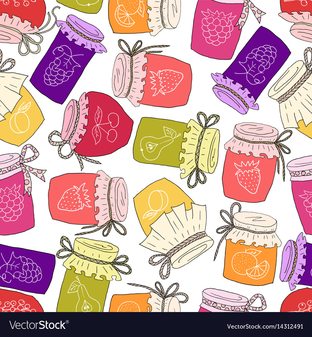 Pattern of hand drawn jars with home-made jams Vector Image