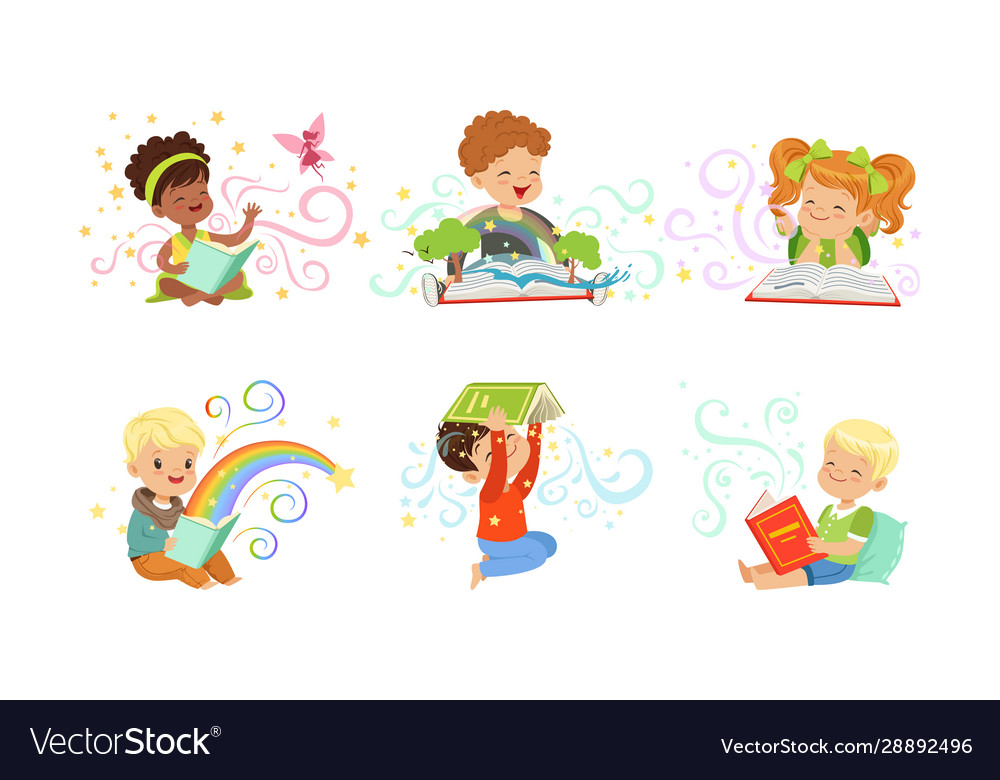 Adorable little boys and girls reading fairy tale Vector Image