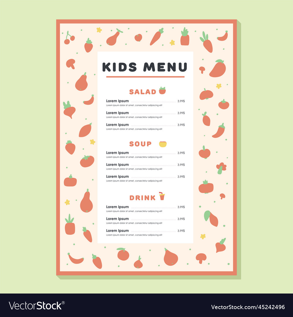 Kids menu meal template healthy vegetables Vector Image