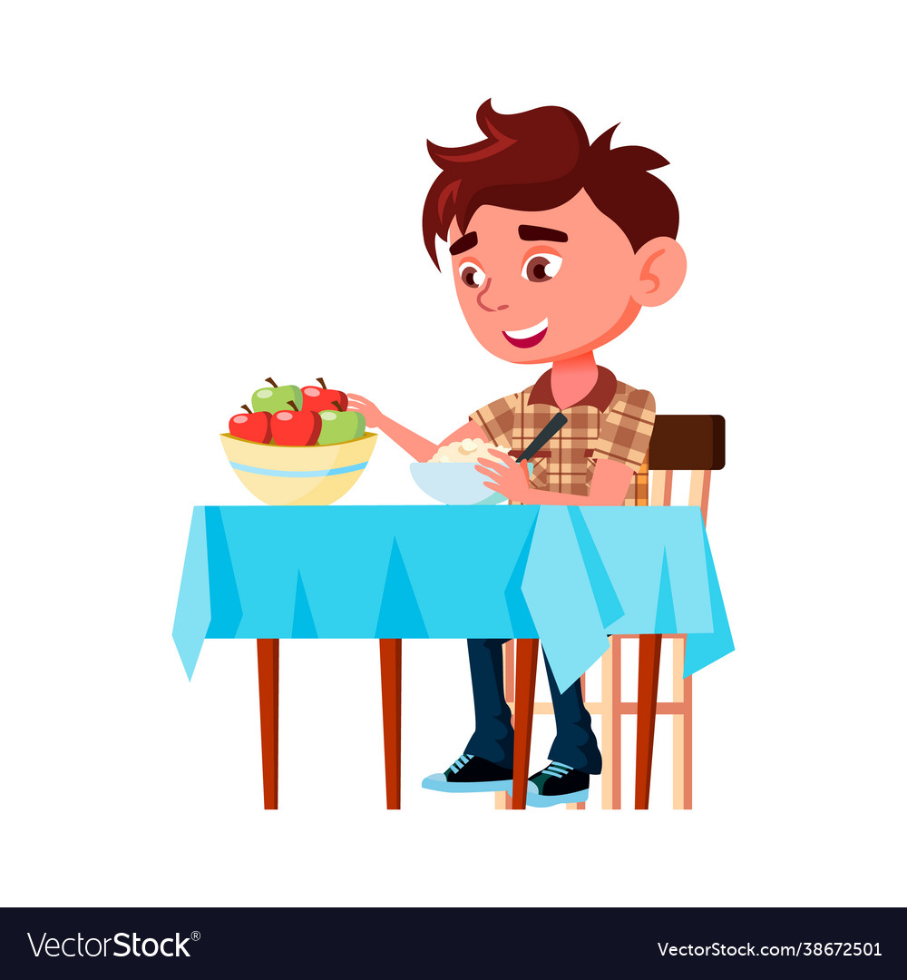 Boy kid eating porridge and apple at table Vector Image