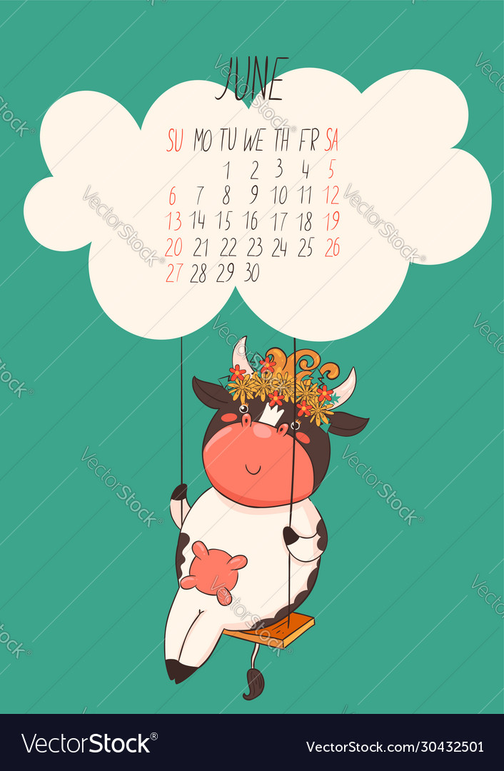 Calendar for june 2021 a cute cow is sitting vector image