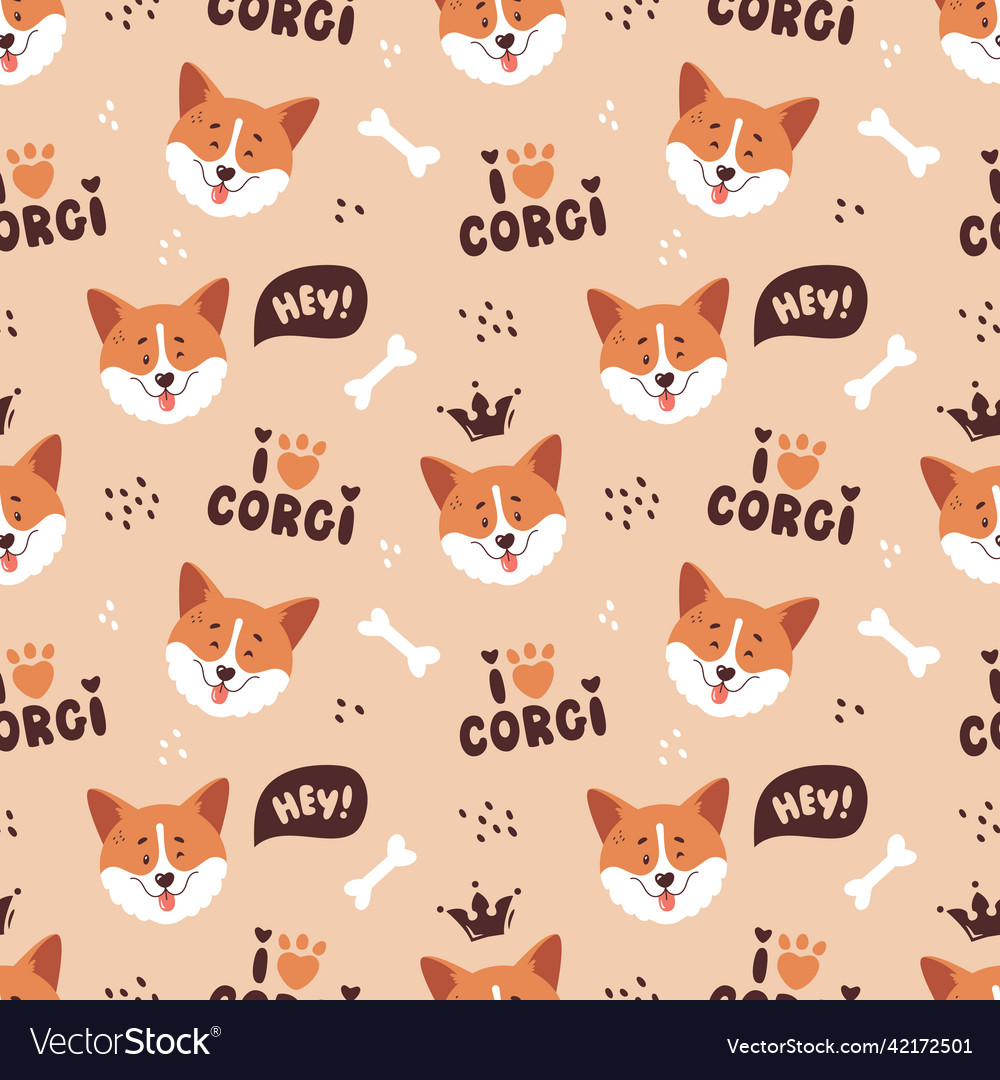 Corgi seamless pattern cute dog faces vector image Corgi seamless pattern cute dog faces