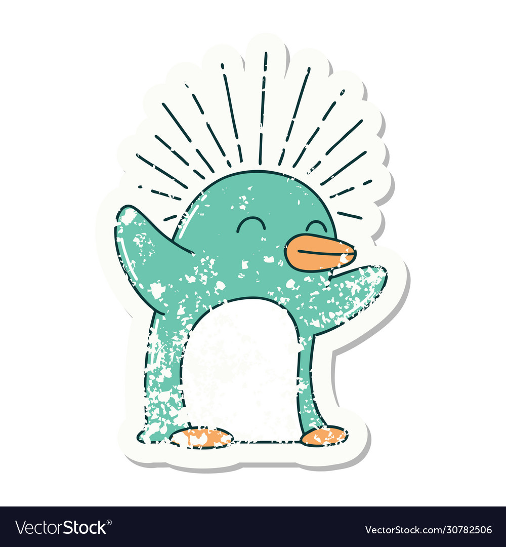 Grunge sticker tattoo style happy penguin Vector Image