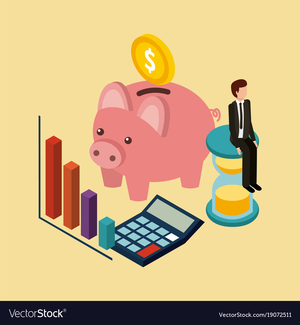 Businessman sitting in clock piggy coin graph Vector Image