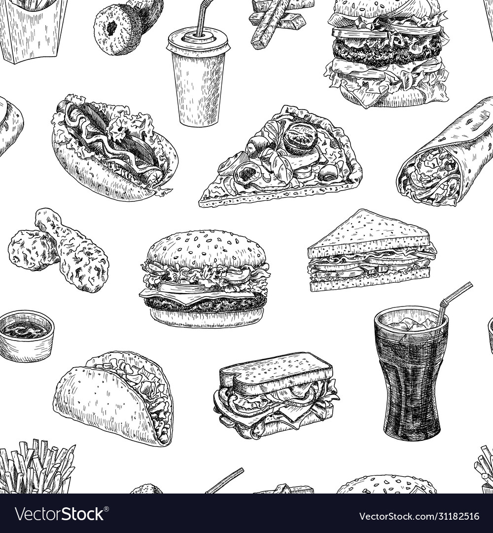 Seamless pattern with fast food in sketch style Vector Image