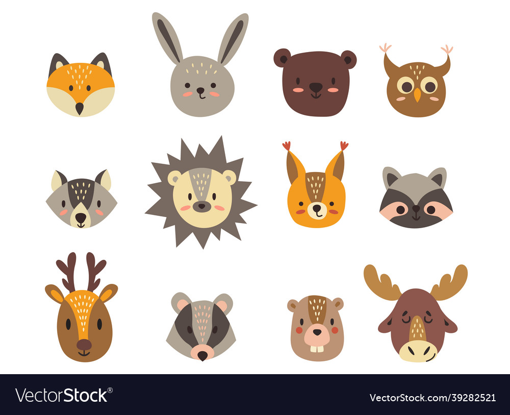 Cute hand drawn heads of forest animals Royalty Free Vector