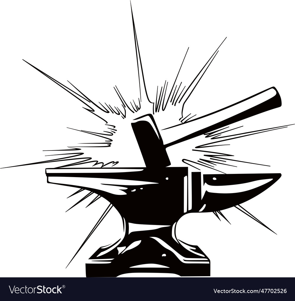 A large blacksmiths hammer strikes the anvil Vector Image