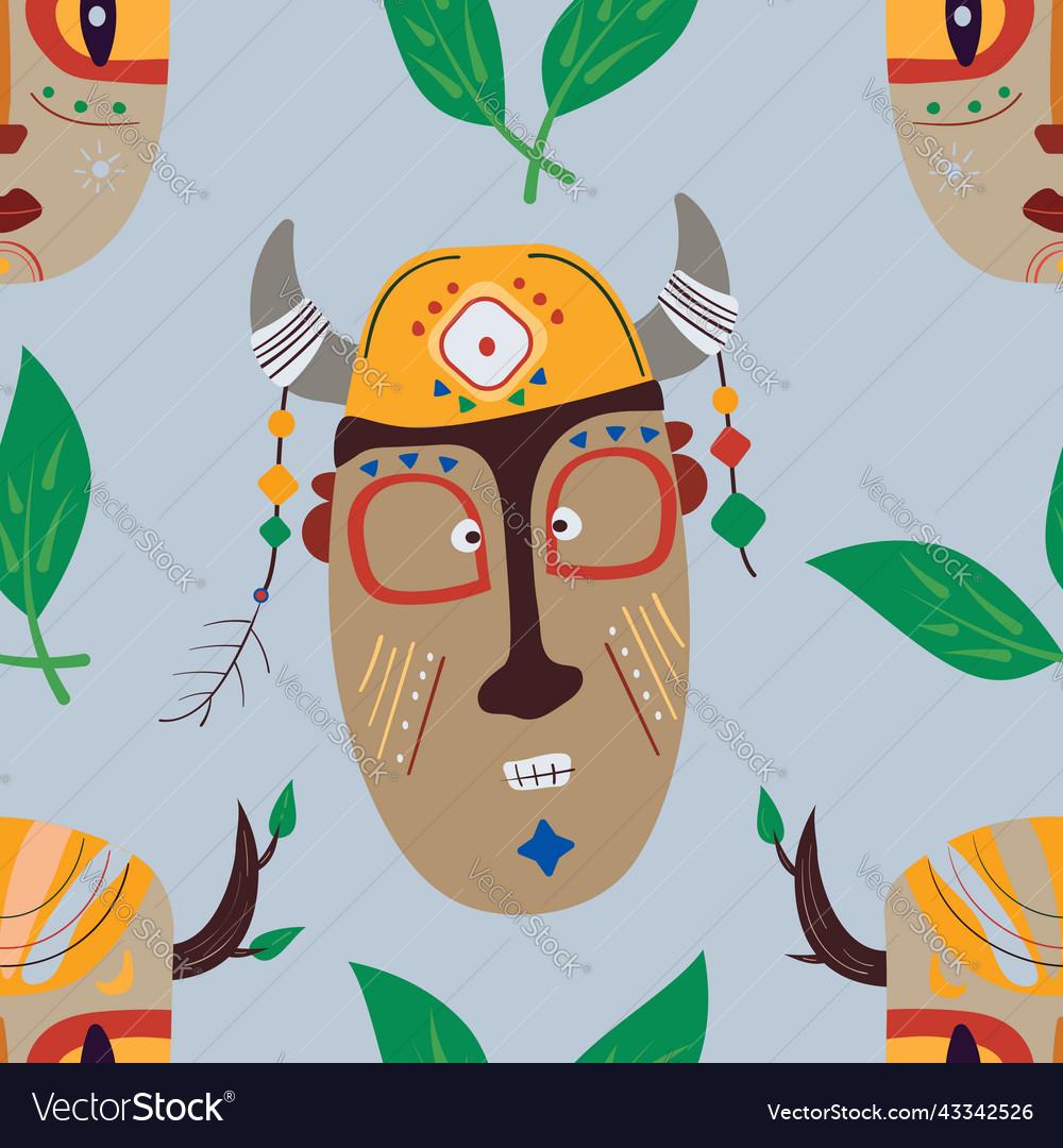 African totem mask naive seamless pattern