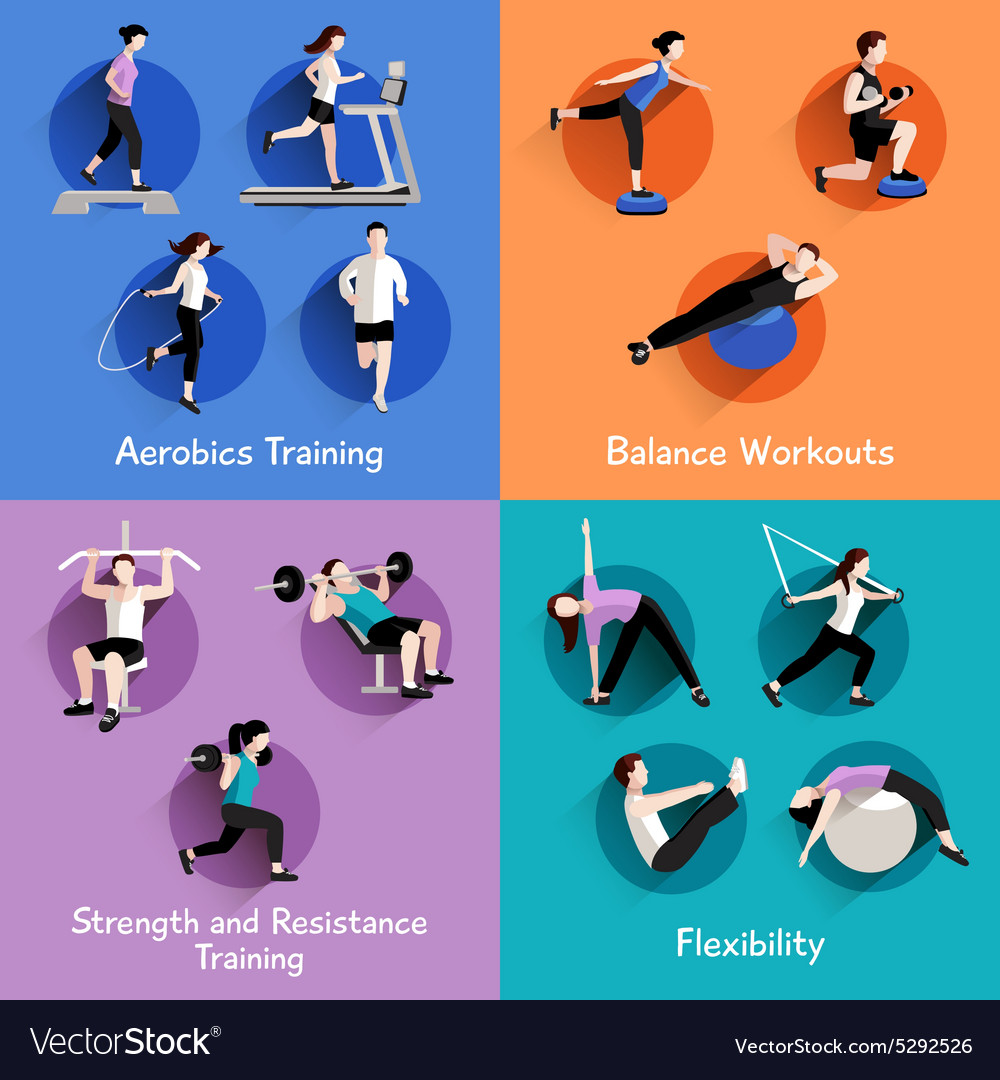 Fitness 4 flat icons square banner Royalty Free Vector Image