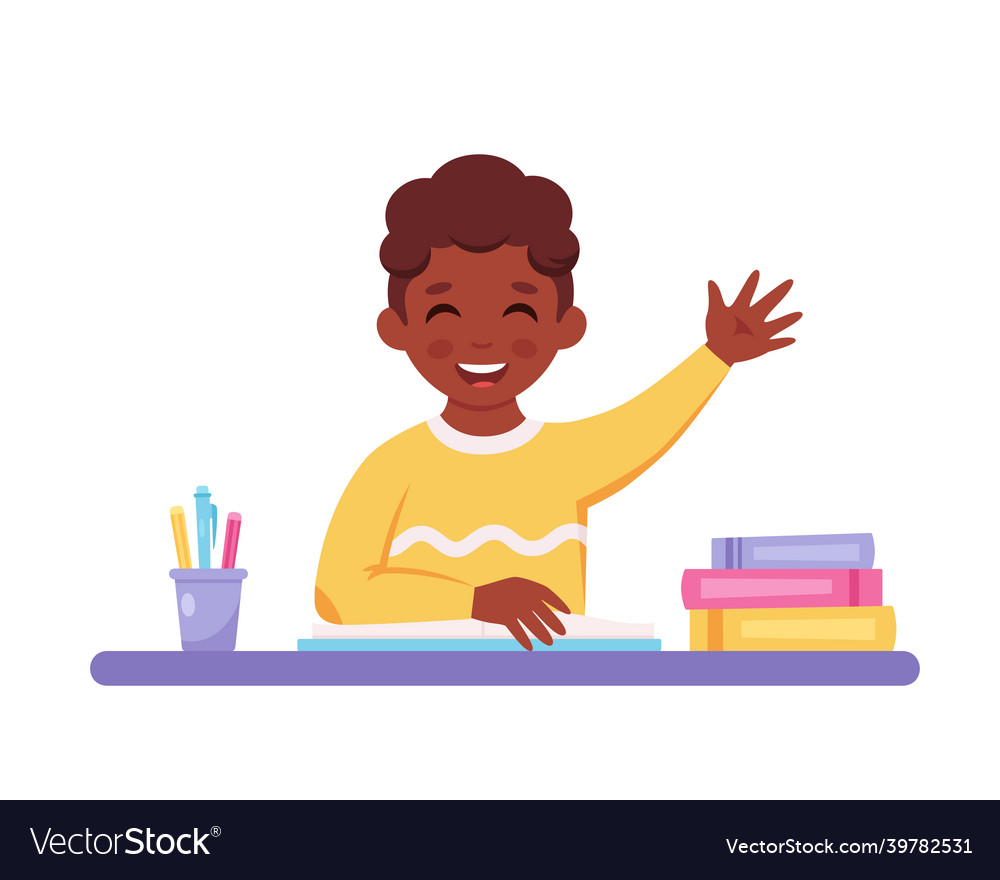 Boy raising hand to answer in lesson Royalty Free Vector