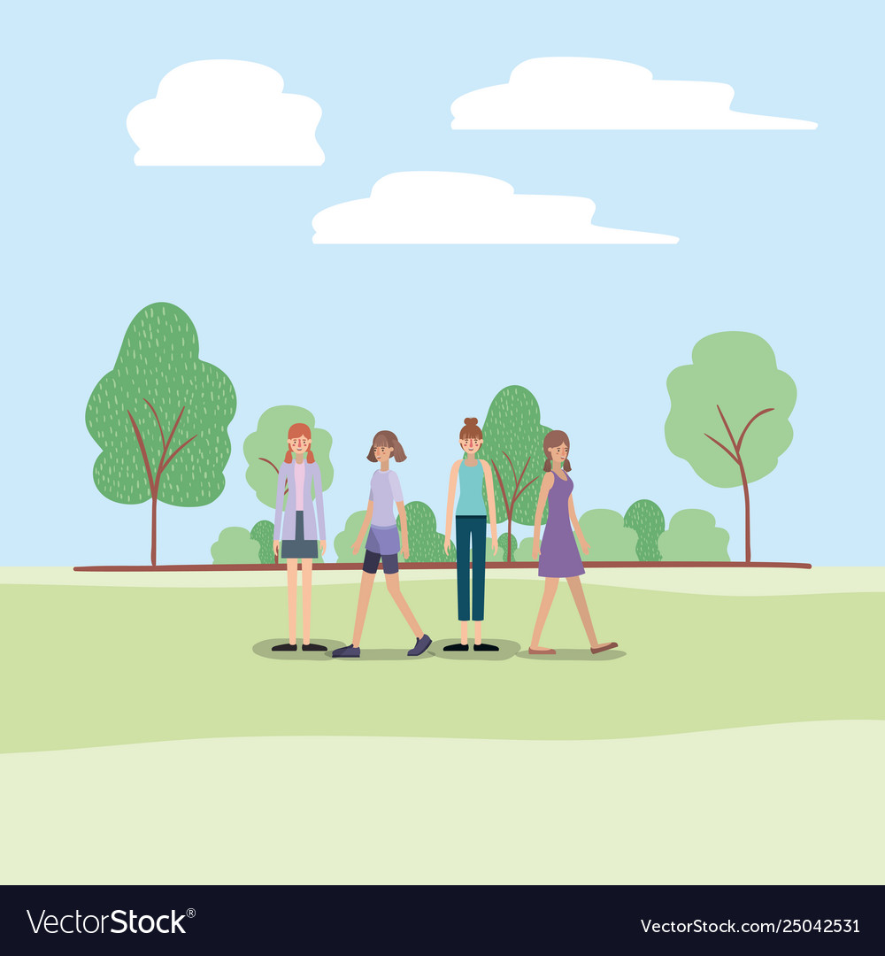 Group women walking on park characters Royalty Free Vector