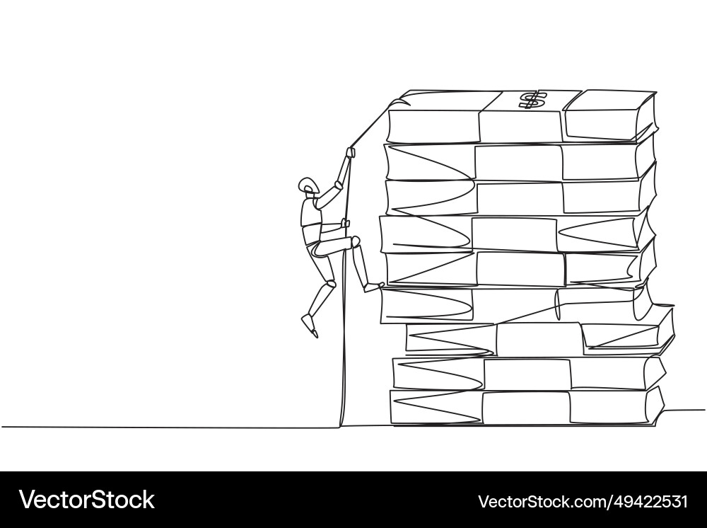 Single one line drawing smart robot climbs stack Vector Image