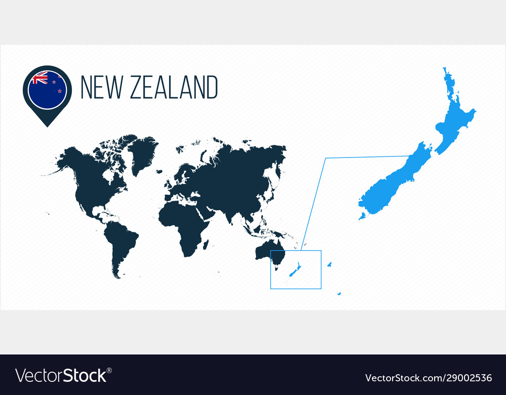 World Map New Zealand New Zealand Map Located On A World Map With Flag Vector Image