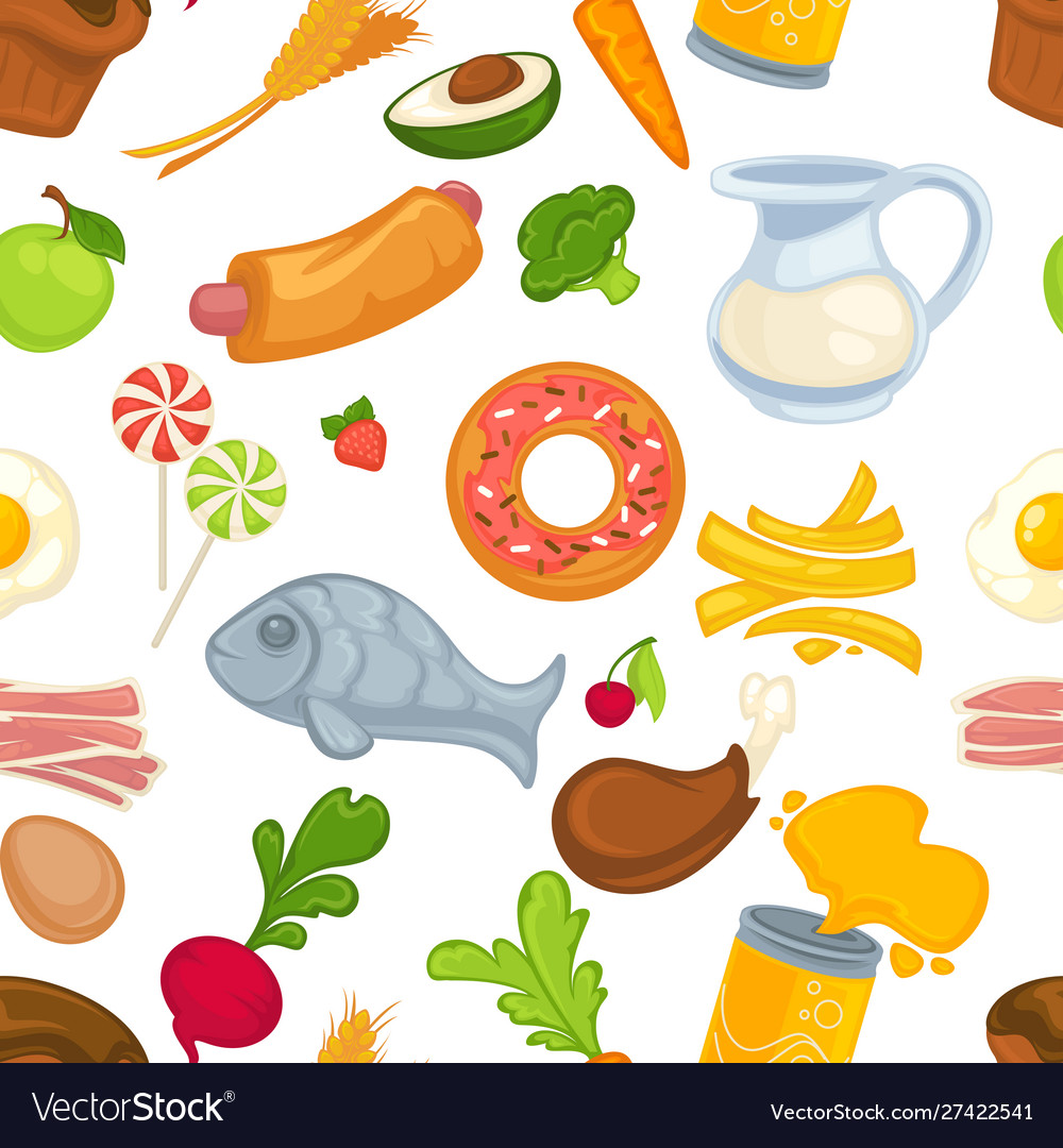 Variety raw and processed food joyful seamless Vector Image