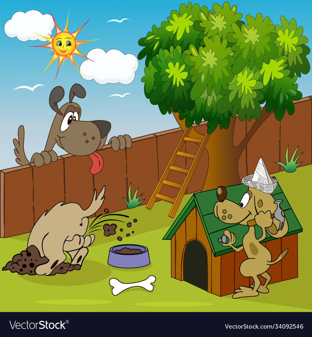 A cartoon doghouse kennel near fence and tree Vector Image