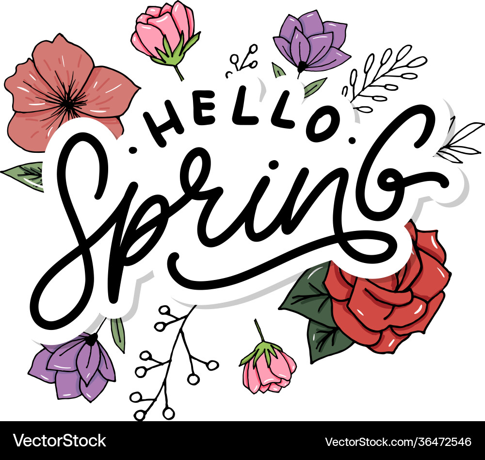 Hello spring flowers text background frame Vector Image