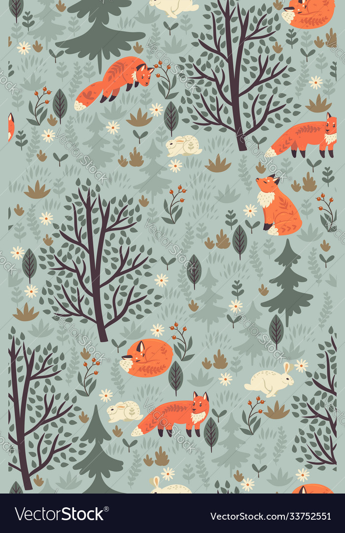 Forest seamless pattern with foxes and hares