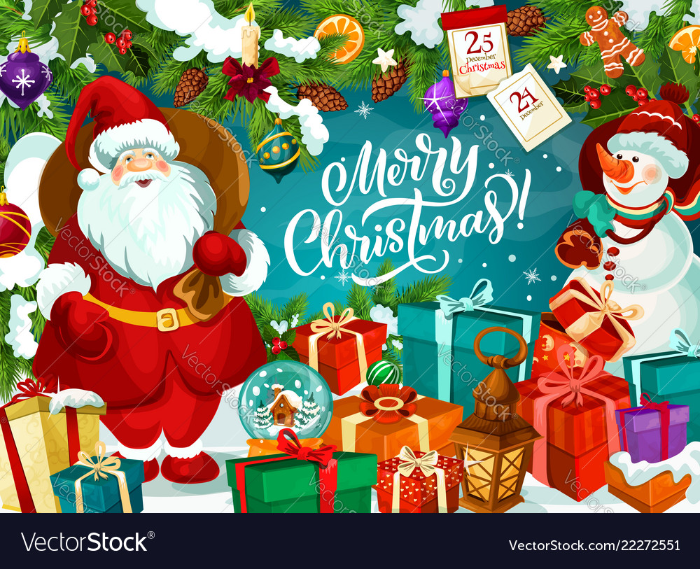 Merry Christmas Card With Santa Claus And Snowman Vector Image