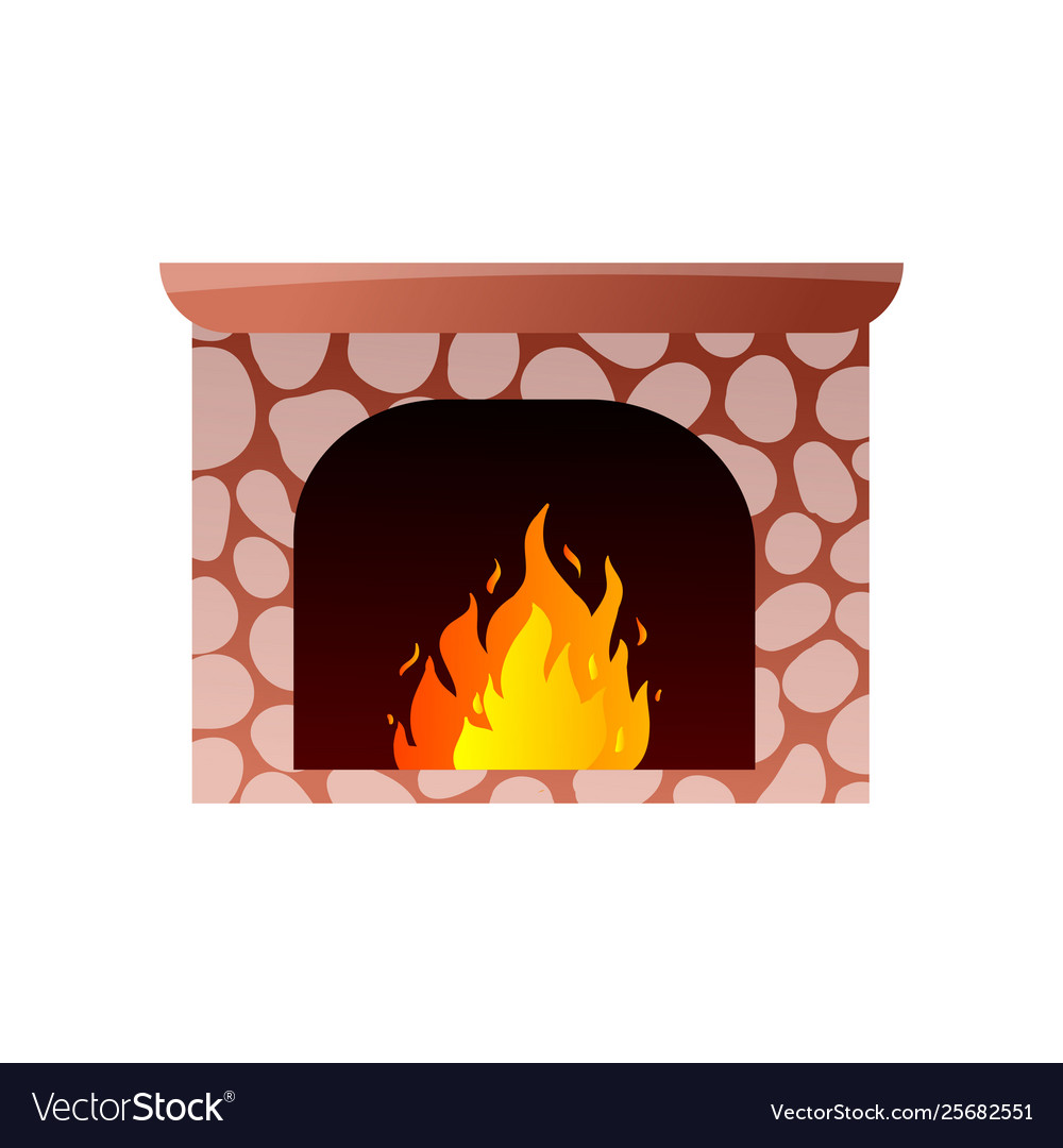 Red Stone Fireplace With Burning Hot Fire In Vector Image