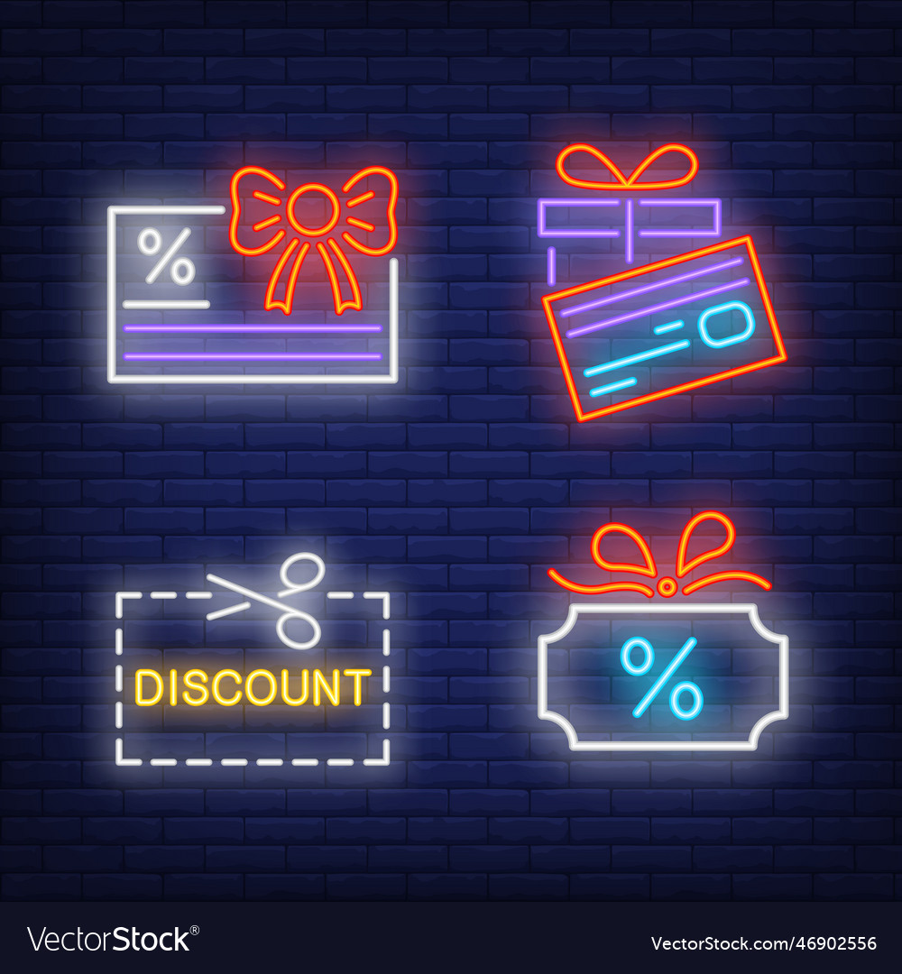 Shopping gift cards neon sign set glowing Vector Image