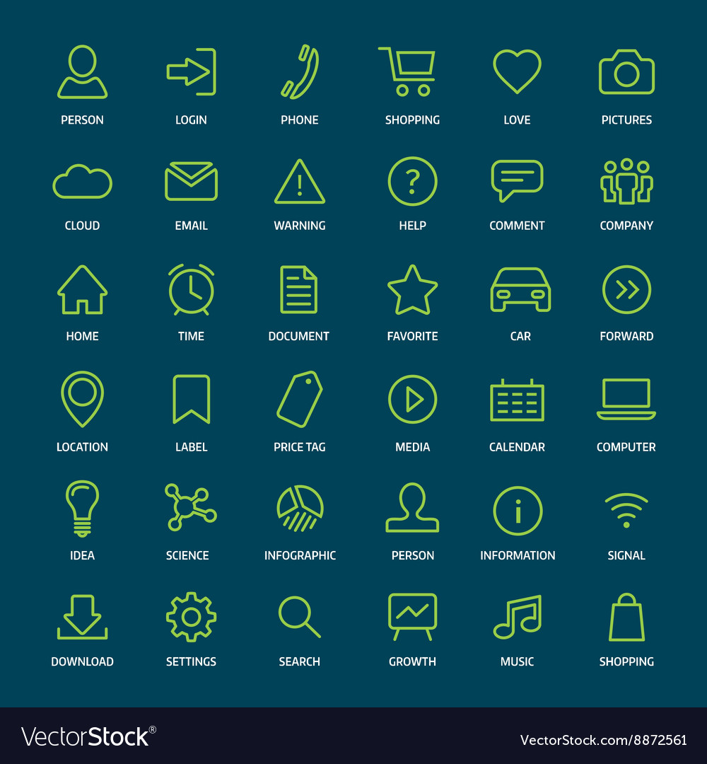 Set of basic green outline icons for print or web Vector Image