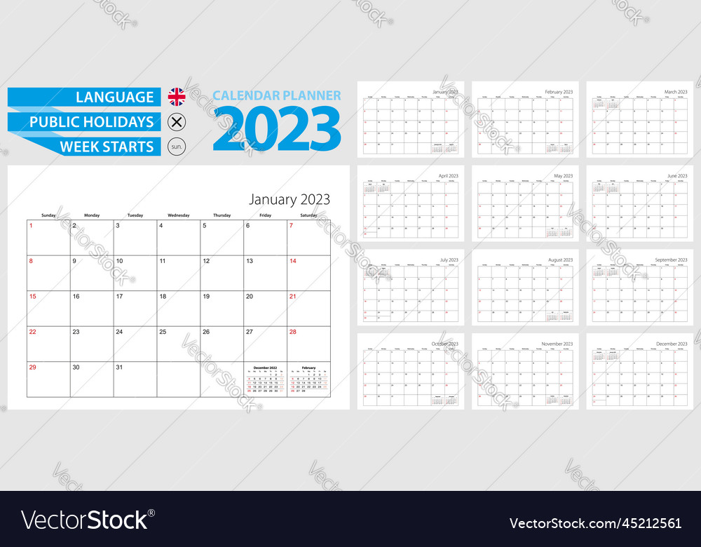 Wall calendar planner for 2023 english language Vector Image