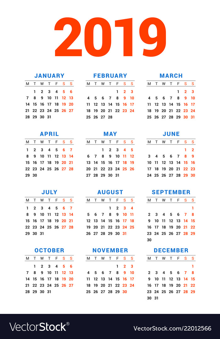 Calendar for 2019 year on white background week