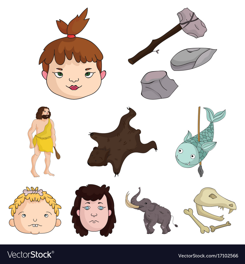 Stone age set icons in cartoon style big