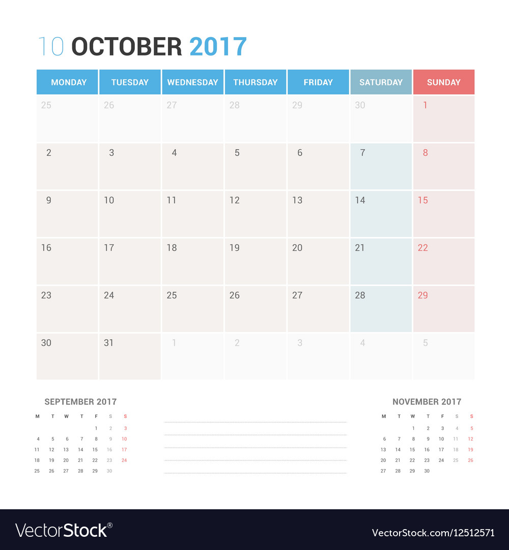 Calendar planner for october 2017 Royalty Free Vector Image