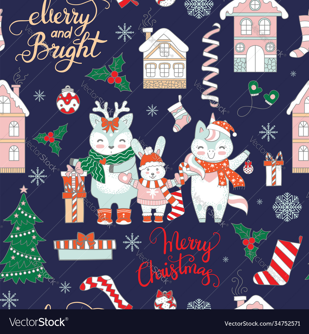 Seamless pattern merry christmas animals on blue