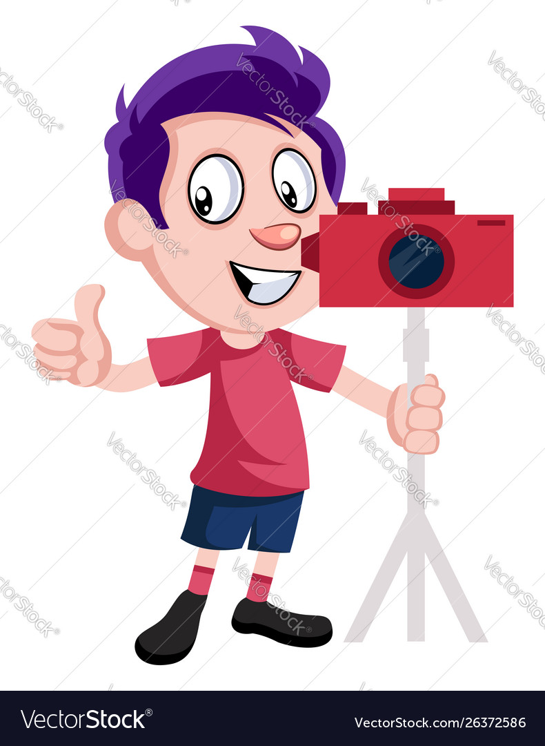 Boy with camera on white background