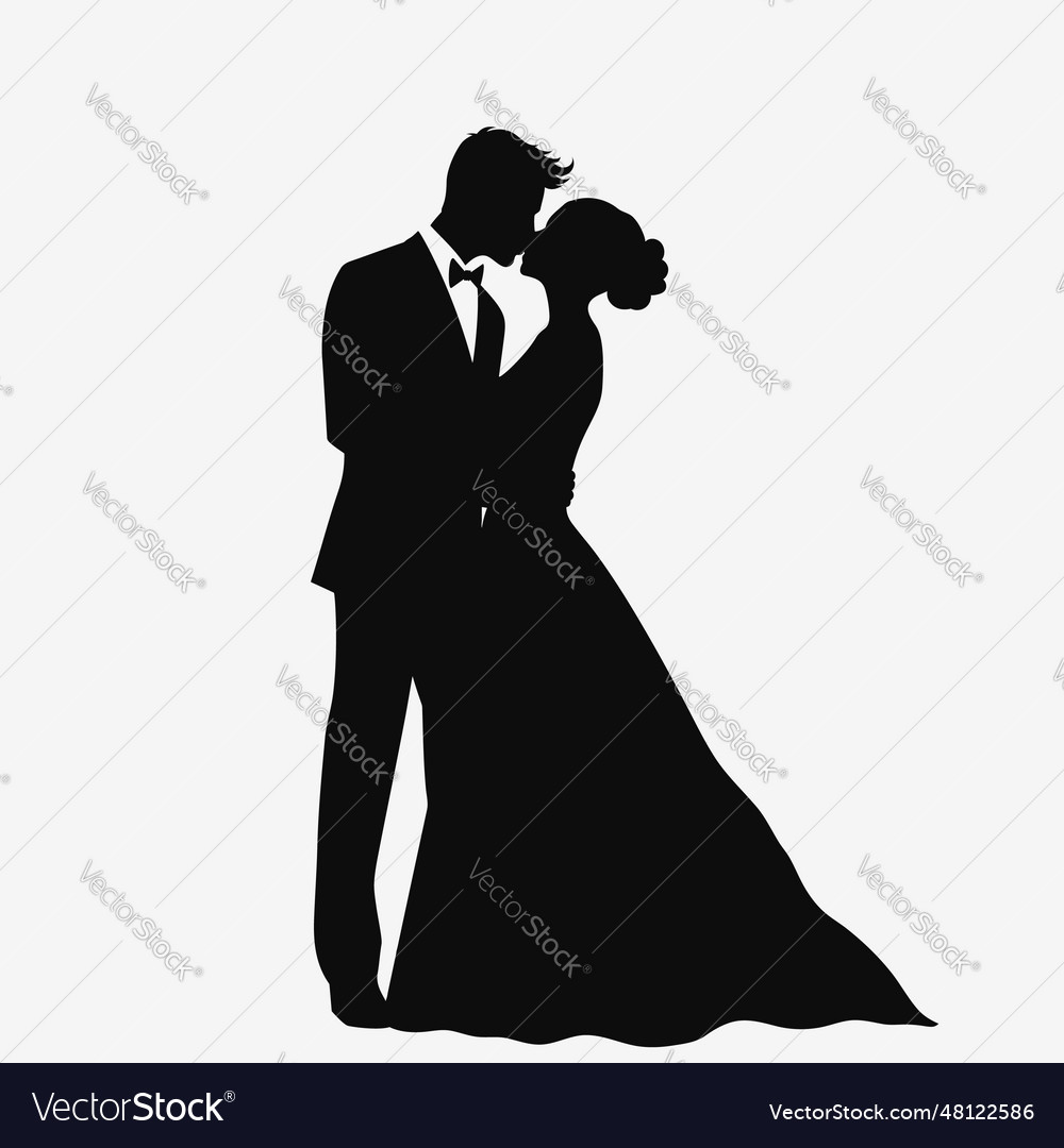 Bride and groom newlyweds kiss black silhouette Vector Image