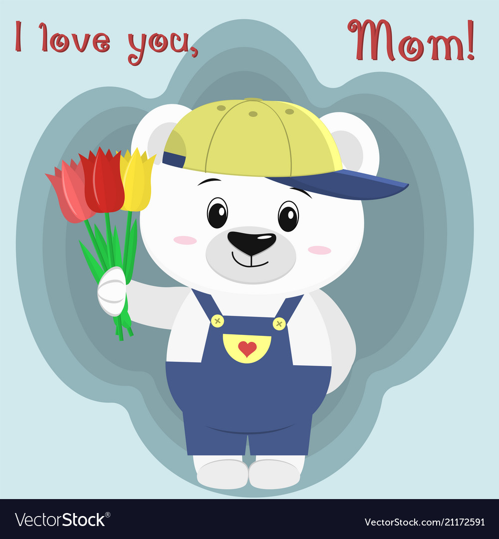 A nice polar bear holds three tulips Royalty Free Vector