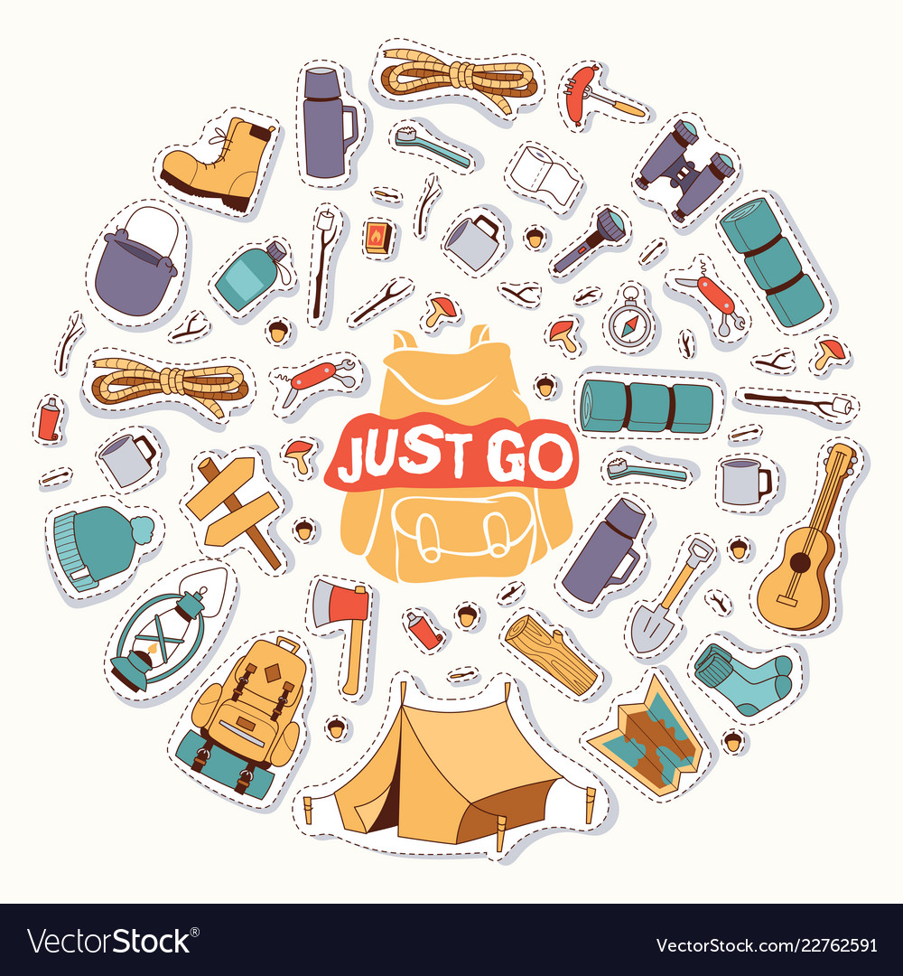 Camping Stickers Survival Exploration Just Go Vector Image