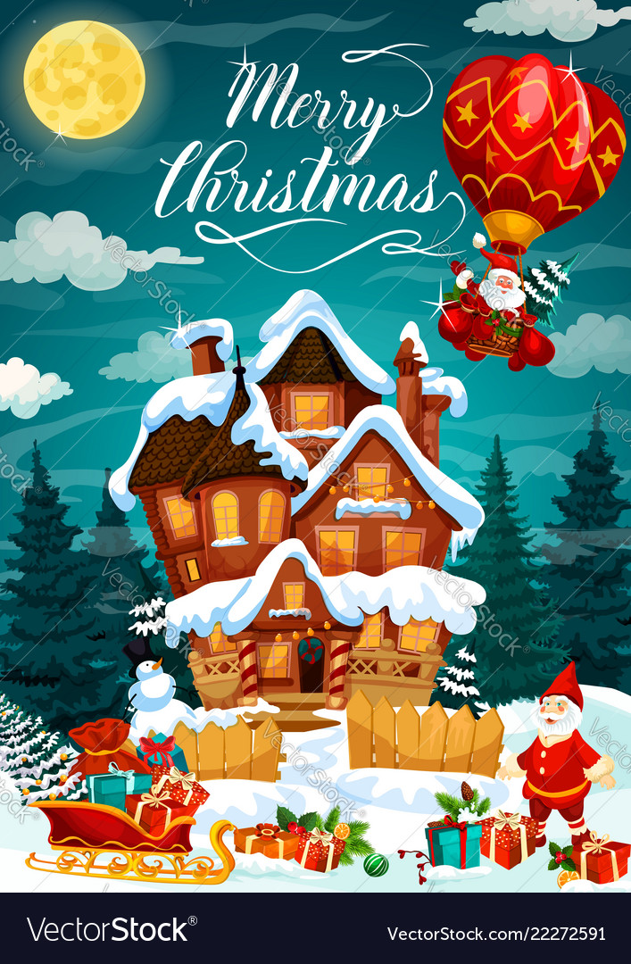 Merry christmas holiday poster with house in snow Vector Image