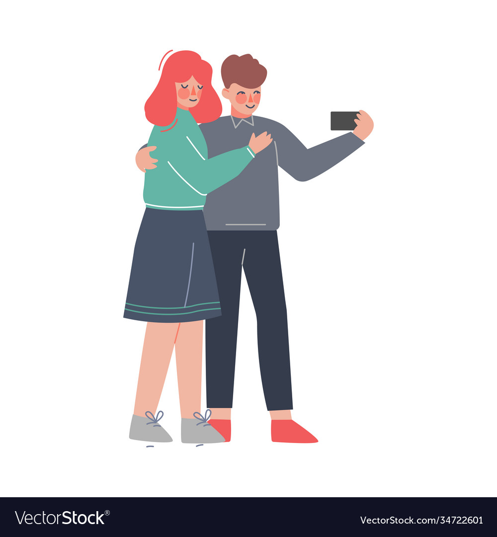 Young couple taking selfie with smartphone boy Vector Image