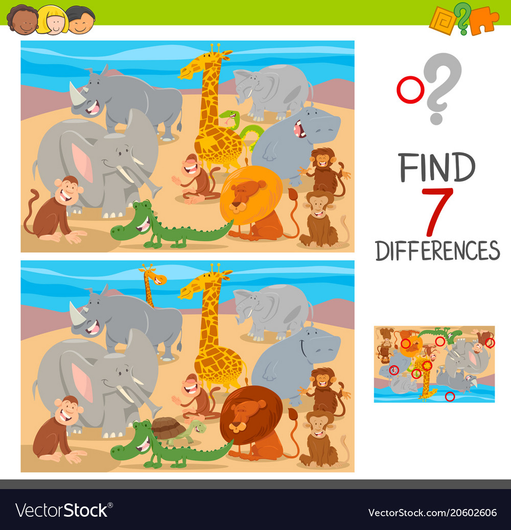 Find differences game with wild animal characters Vector Image