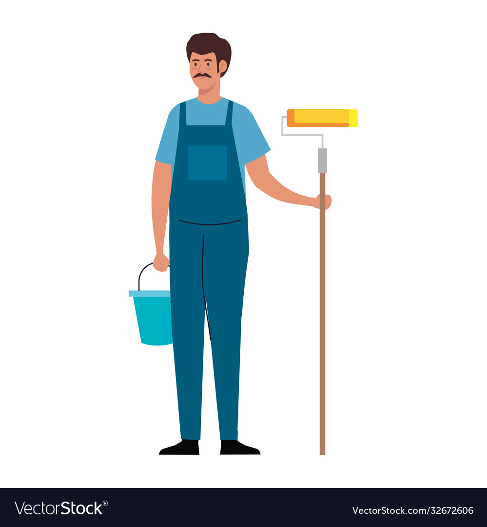 Painter man worker with roll and bucket Royalty Free Vector