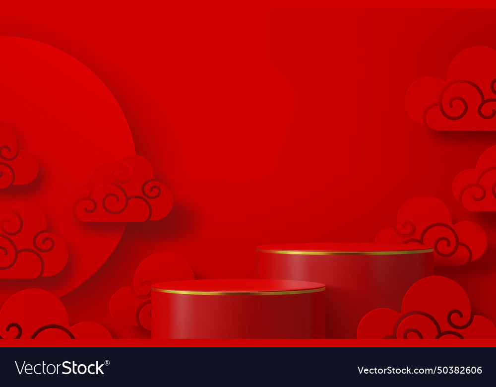 Red chinese podium stage with clouds golden rings vector image Red chinese podium stage with clouds golden rings
