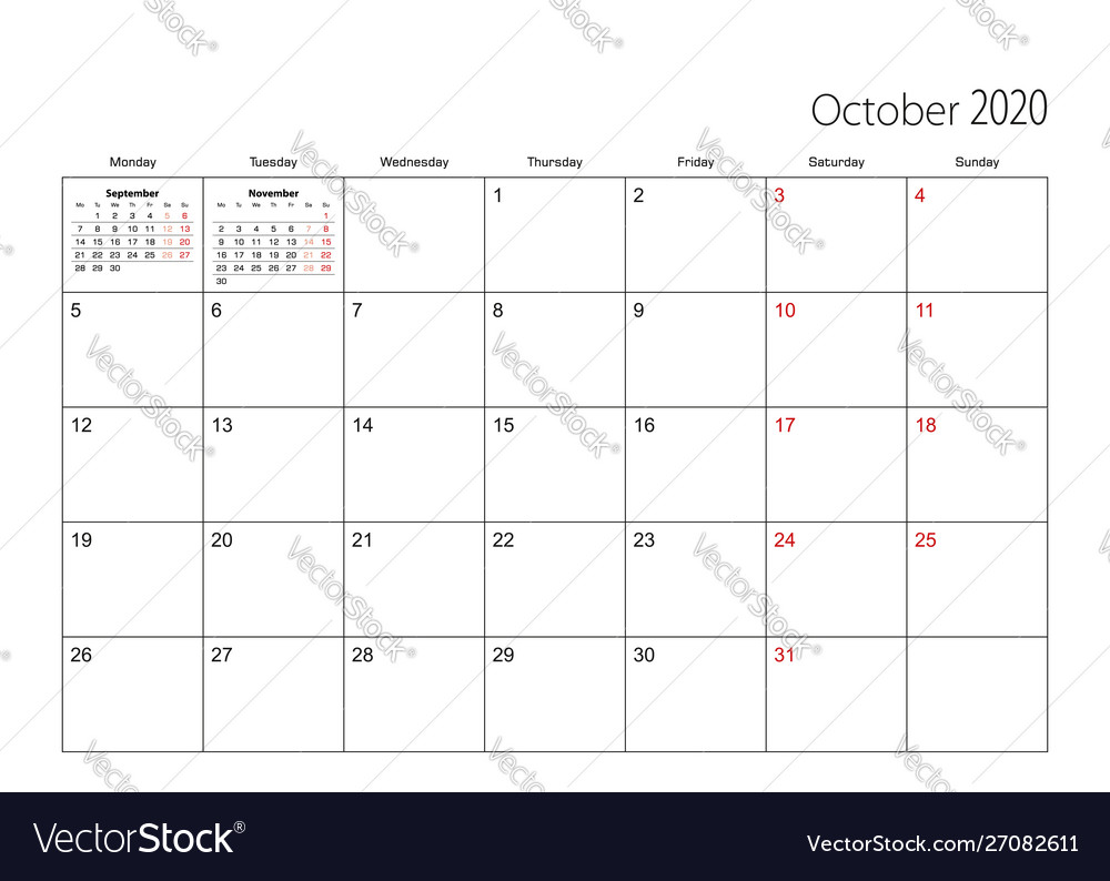 October 2020 simple calendar planner week starts Vector Image
